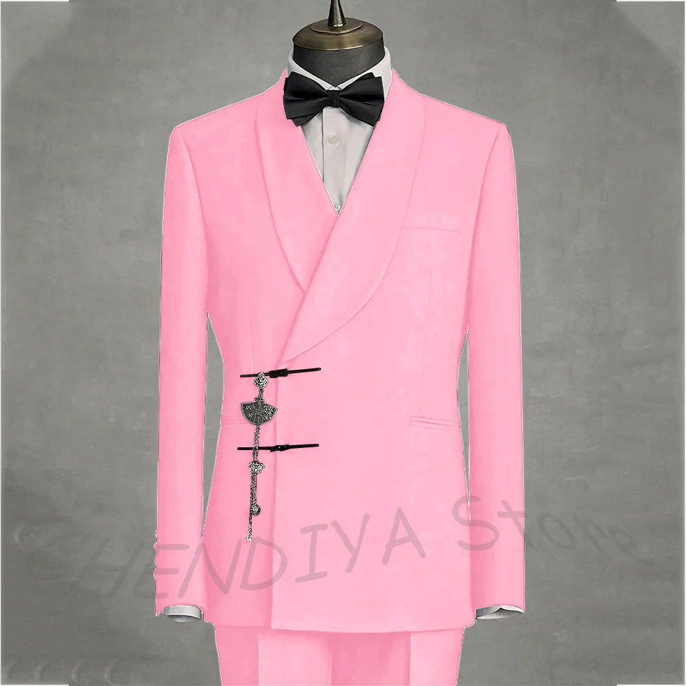 Solid Black Men's Suits Slim Fit Double Button Business Pants Suit Tailored Prom Party Wedding 2 Piece Jacket With Pants