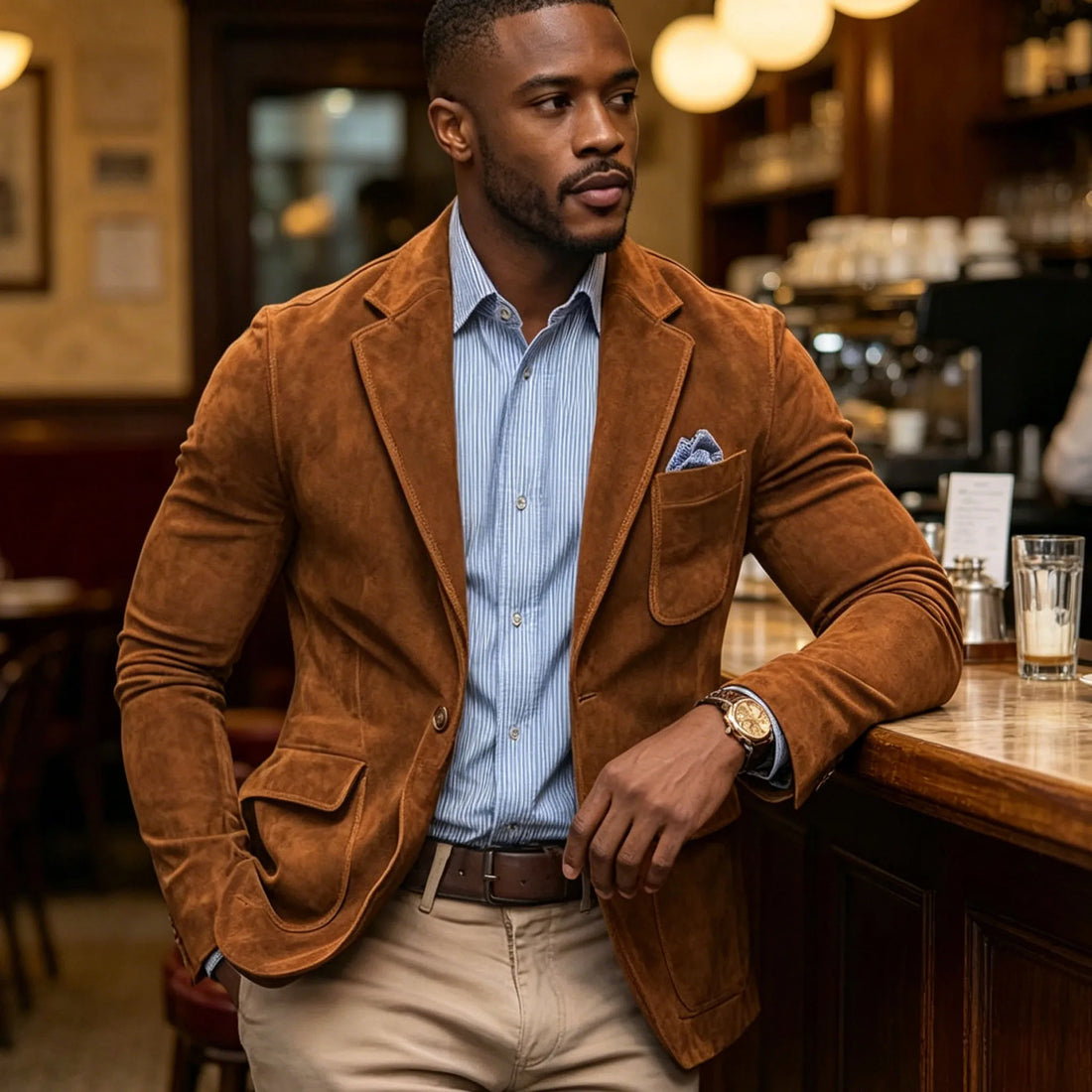 Men's Suede Brown Blazer Vintage Slim Fit Notched Lapel Formal Jacket High Quality Flap Pocket Sport Coat For Business Casual
