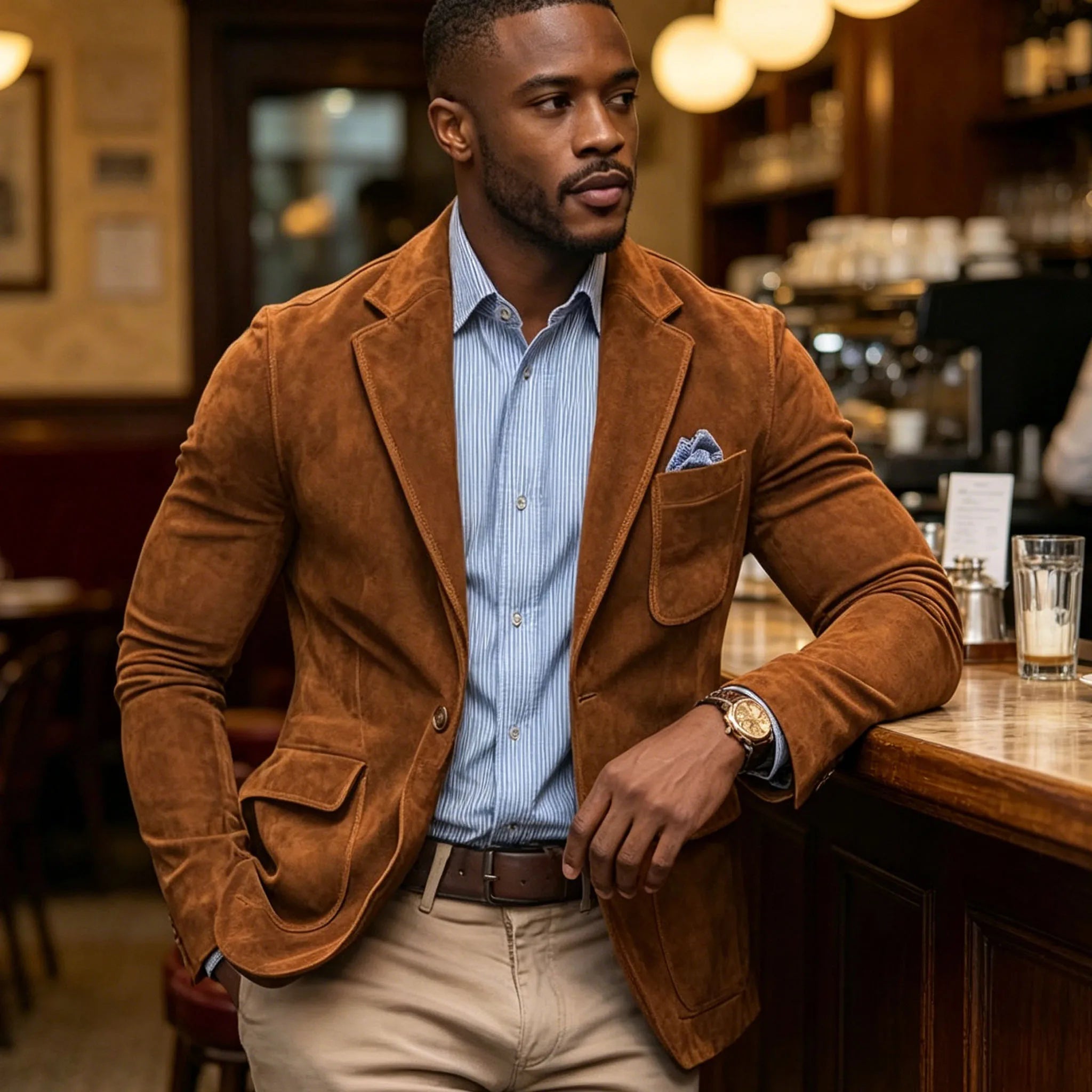 Men's Suede Brown Blazer Vintage Slim Fit Notched Lapel Formal Jacket High Quality Flap Pocket Sport Coat For Business Casual