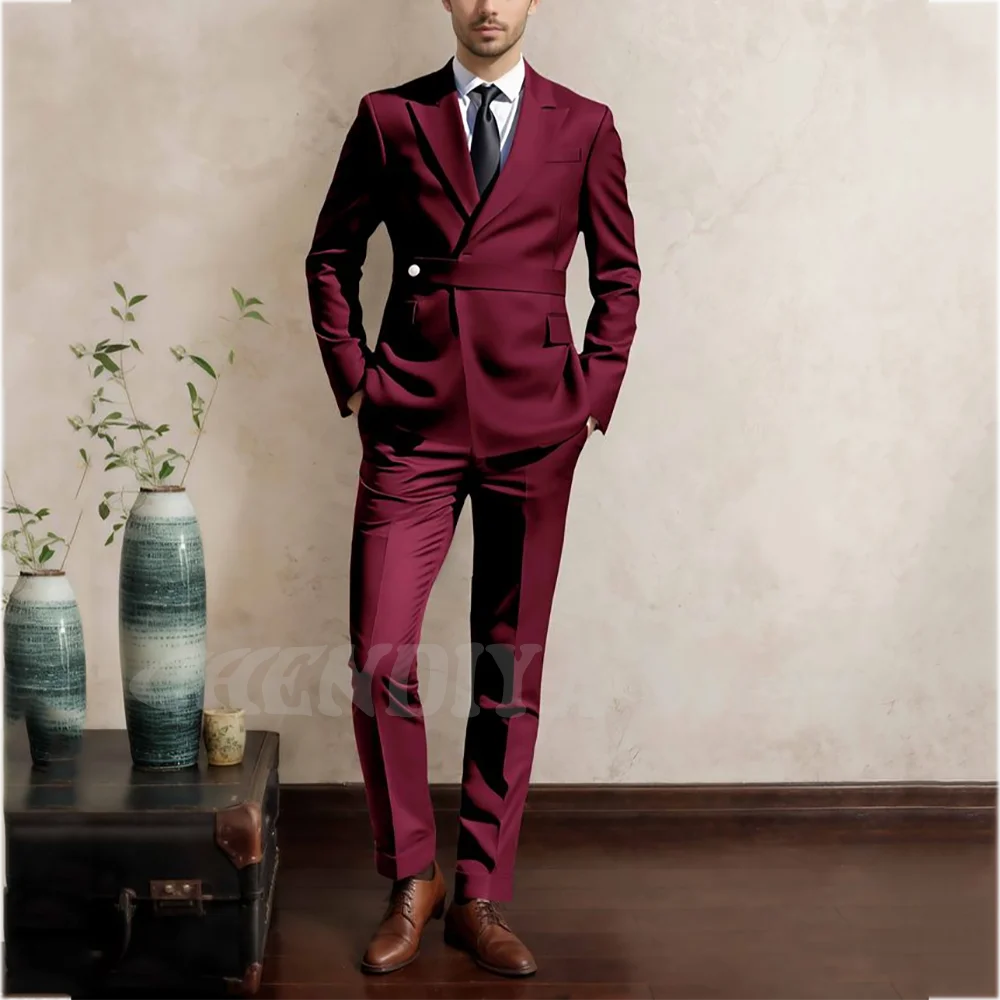 Solid Color Formal Suit For Men Slim Fitted Peaked Lapel High Quality Male Outfit Business Casual Office Wear Two Pieces