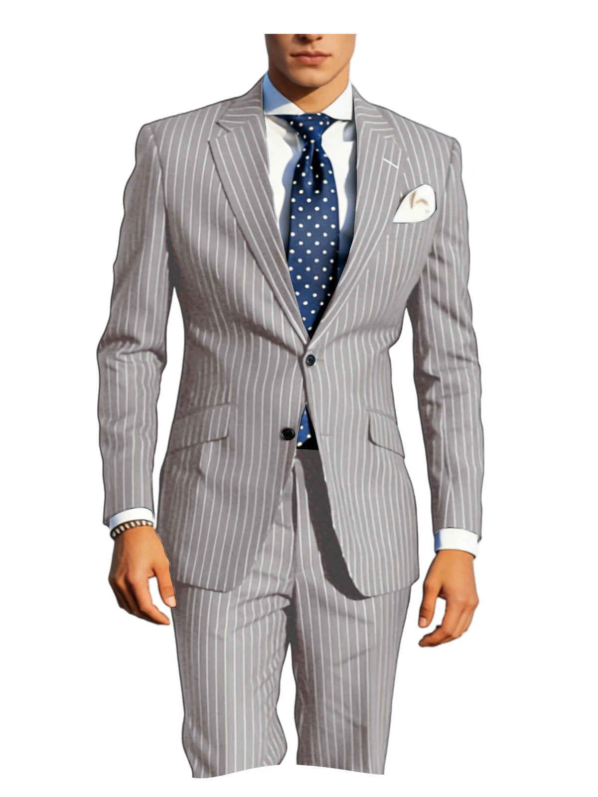 Mens Pinstripe Suit Tuxedo 2-Piece Slim Fit Blazer Pants Set Formal Business Wedding Jacket Trousers For Spring