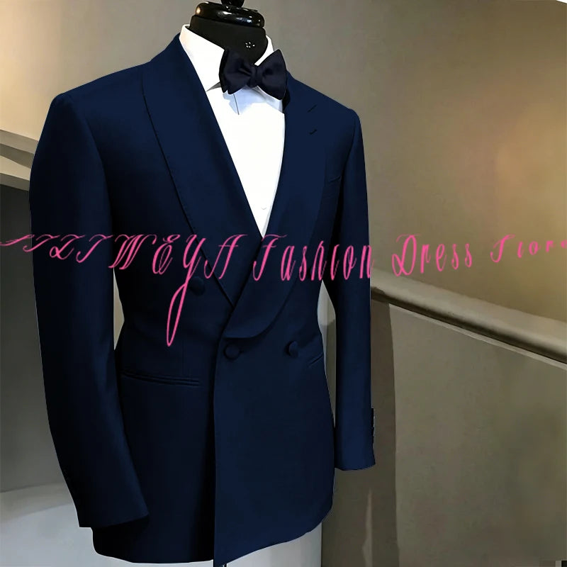 Blue Double Breasted Men's Suit Wedding Groom Tuxedo High Quality Boutique Male Clothing Jacket+Pants