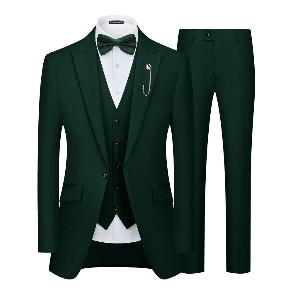 Green Single Breasted Men's Suit Dinner Party Tuxedo 3 Pieces Jacket Pants Vest Formal Occasion Male Clothing
