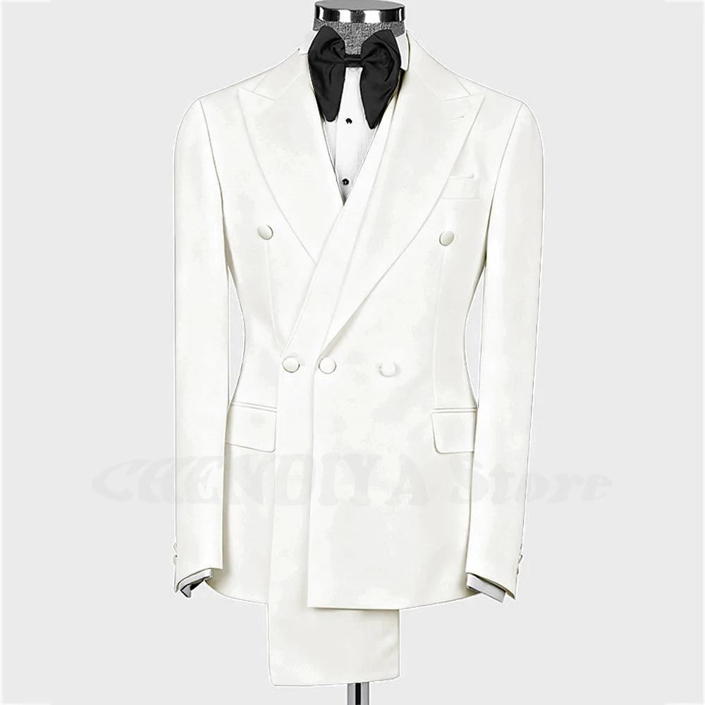 High Quality Man Suit Two Piece Peaked Lapel Slim Fit Jacket with Black Pants Formal Outfit Business Party Groom Wedding Set