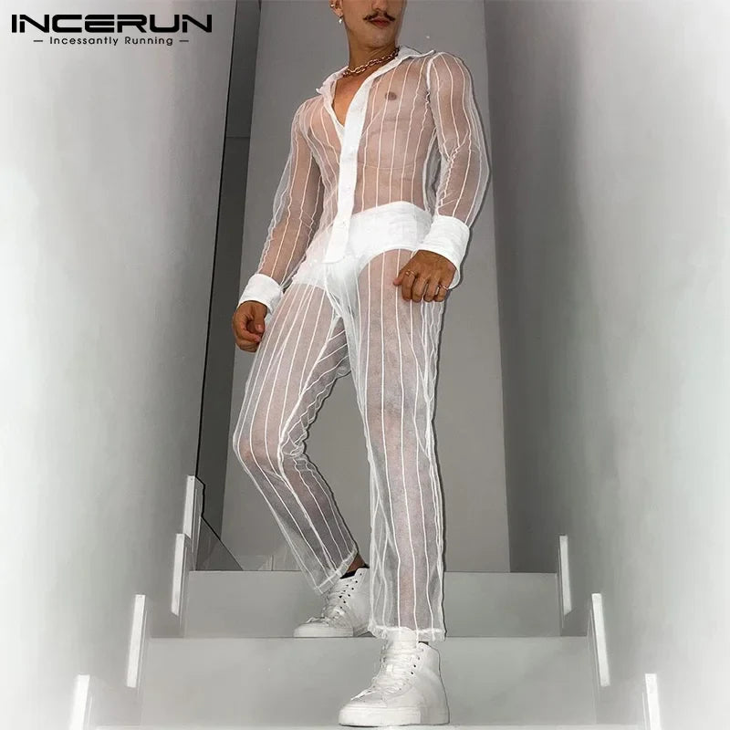 2024 Fashion Men Sets Mesh Patchwork Transparent Streetwear Lapel Long Sleeve Shirt & Pants Sexy Men Suits Two Pieces INCERUN