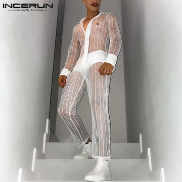 2024 Fashion Men Sets Mesh Patchwork Transparent Streetwear Lapel Long Sleeve Shirt & Pants Sexy Men Suits Two Pieces INCERUN