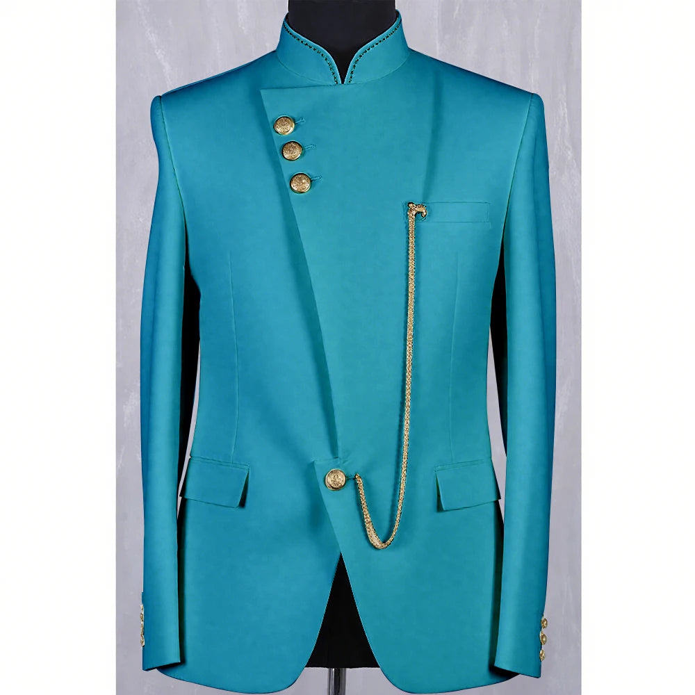 High Quality Blue Men Suit Casusl Blazer Single Breasted Stand Collar African Slim Fit Modern Style Outfits Jacket Pants