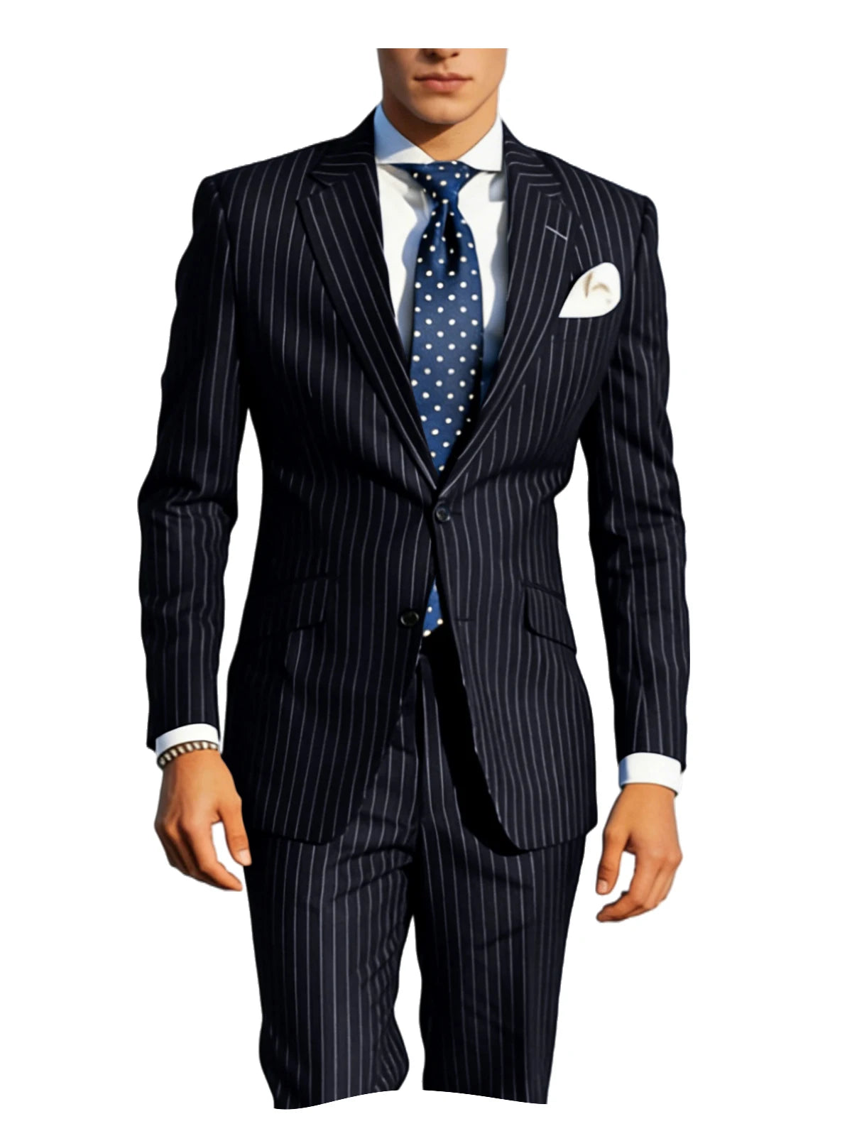Mens Pinstripe Suit Tuxedo 2-Piece Slim Fit Blazer Pants Set Formal Business Wedding Jacket Trousers For Spring