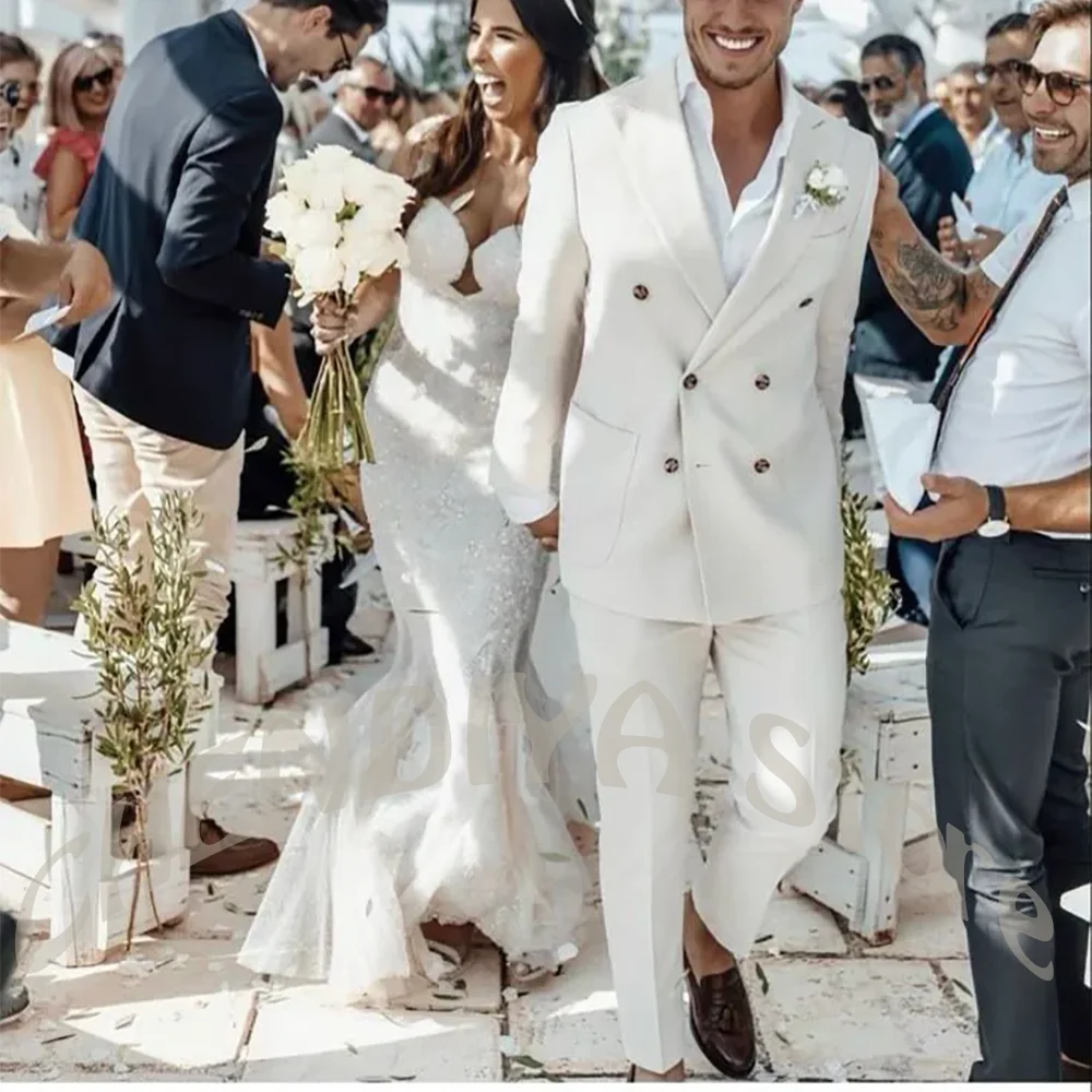 Elegant Men's Wedding Suit Peak Lapel Slim Fit Double Breasted Beach Groom Prom Party Formal Casual Two Piece Outfit Set