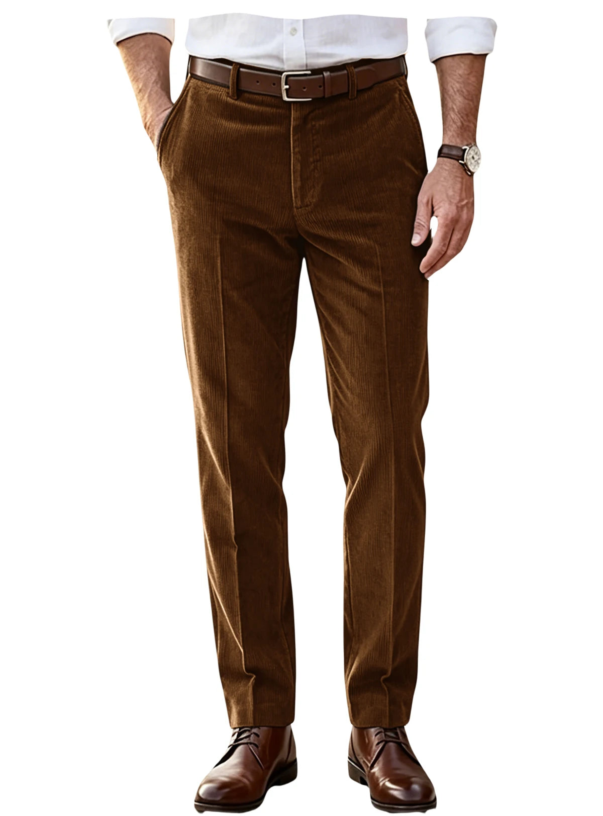 Men's Khaki Corduroy Pants Straight Leg Classic Fit Elastic Waist Comfort Wrinkle Resistant Formal Trousers For Business Office