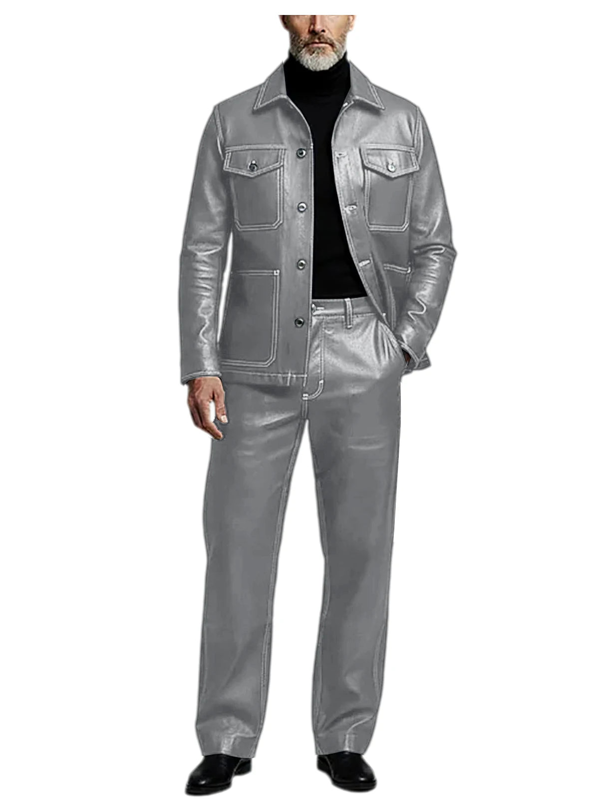 Men's 2 Piece PU Leather Suit Set Multi Pocket Shirt Collar Trucker Jacket Straight Leg Pants Business Casual Streetwear Outfits