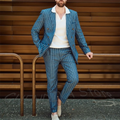 Blue Striped Casual Men Suits Slim High Quality Handsome Outfit Peaked Lapel Doubel Breasted Gentlemen Daily Set Two Pieces