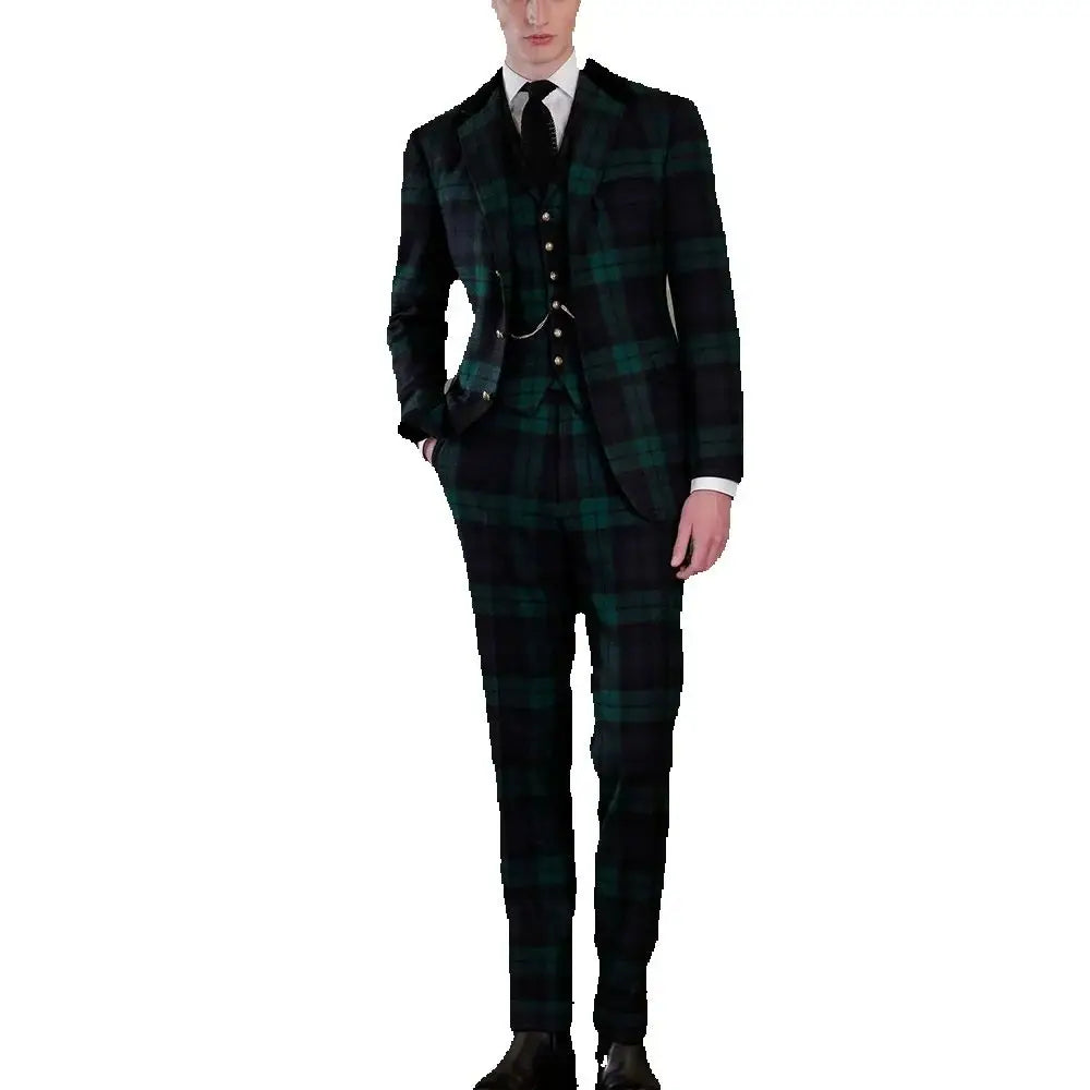 Slim Plaid Suit For Men Business Casual Wedding Suit Peak Lapel Luxury Three Pieces Gentleman Formal Occasion Male Clothes Set