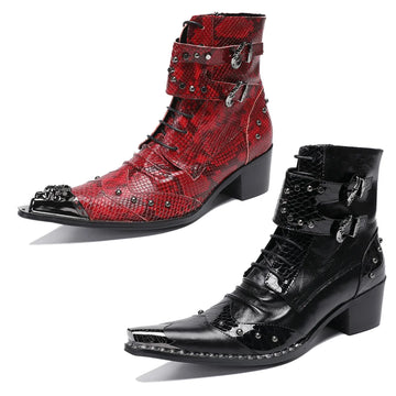 Men's Chelsea Mid-Calf Boots with Low Heels Metallic Pointed Toe Genuine Leather Lace-Up Zipper and Buckle Party Shoes