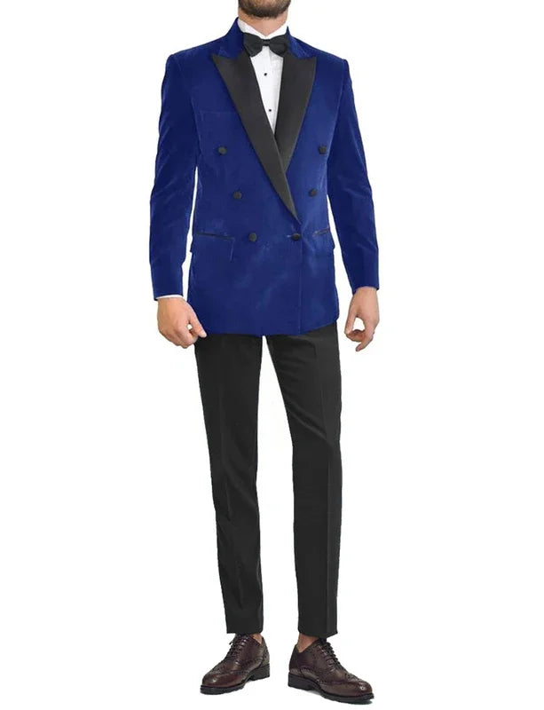 2-Piece Men's Royal Blue Velvet Suit Peak Lapel Double Breasted Blazer Groom Tuxedos Dinner Party Jacket & Pants