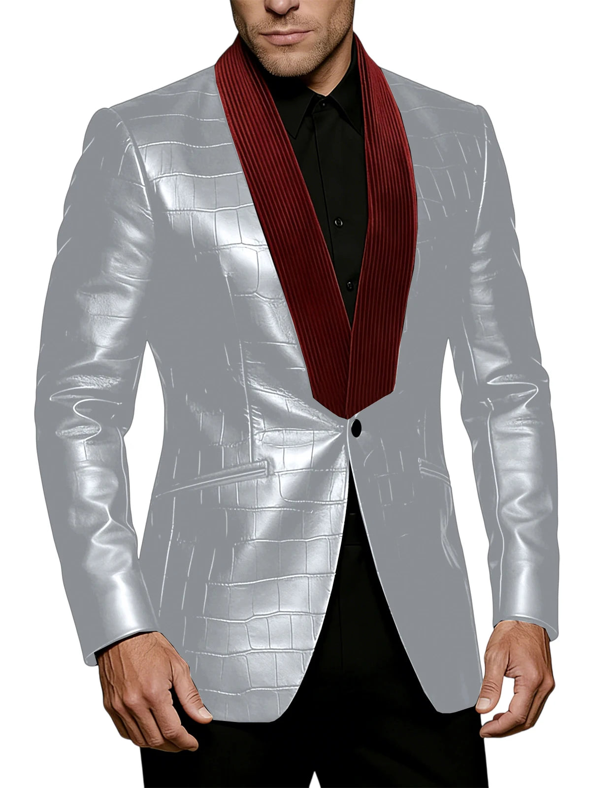 Men's Crocodile Pattern Leather Blazer Corduroy Patchwork 1 Button Shawl Collar Suit Jacket Slim Fit Business Formal Outerwear