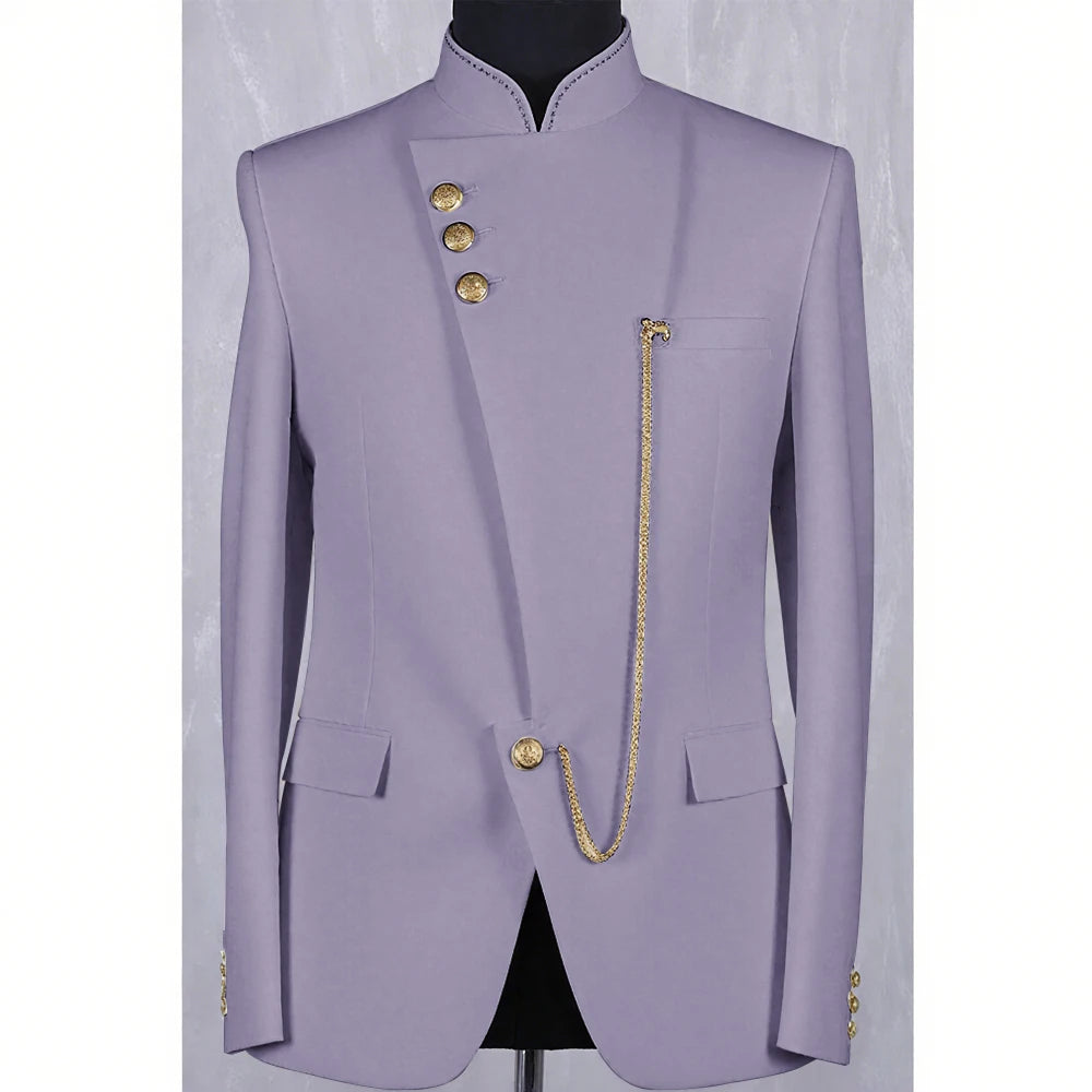 High Quality Blue Men Suit Casusl Blazer Single Breasted Stand Collar African Slim Fit Modern Style Outfits Jacket Pants