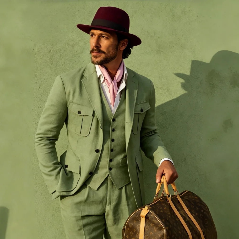 Beige Linen Safari Men Suits 3 Pieces Summer Men Suits Breathable Casual Formal Blazer Vest Pants Set for Male Daily Wear