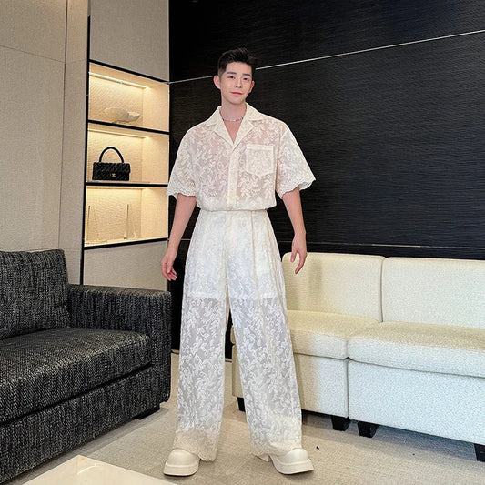 Fashion Embroidery Short Sleeves Shirt Outfit Men's Wide-Leg Pants 2024 Summer Thin Slightly Transparent Casual Two-Piece Suit