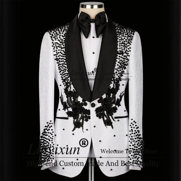 Luxury Beaded White Wedding Suits For Men Peaked Lapel Groom Tuxedos Appliques Slim Fit 3 Pieces Sets Male Prom Party Blazers