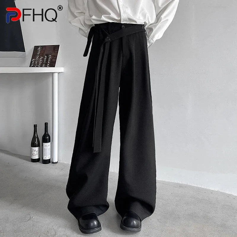 PFHQ Spring Ribbon Design Drape Male Suit Pants Pleated Solid Color Straight Casual Trousers Wide Leg Loose Male Bottom 21Z9020