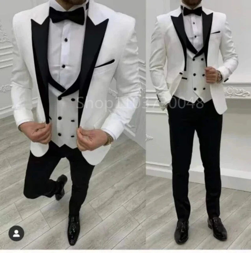 White Men Business Suits für Hochzeitsanzug Peak Revers One Button Blazer Bräutigam Smoking 3 PCs Set Kleiderjacke Weste Hosen