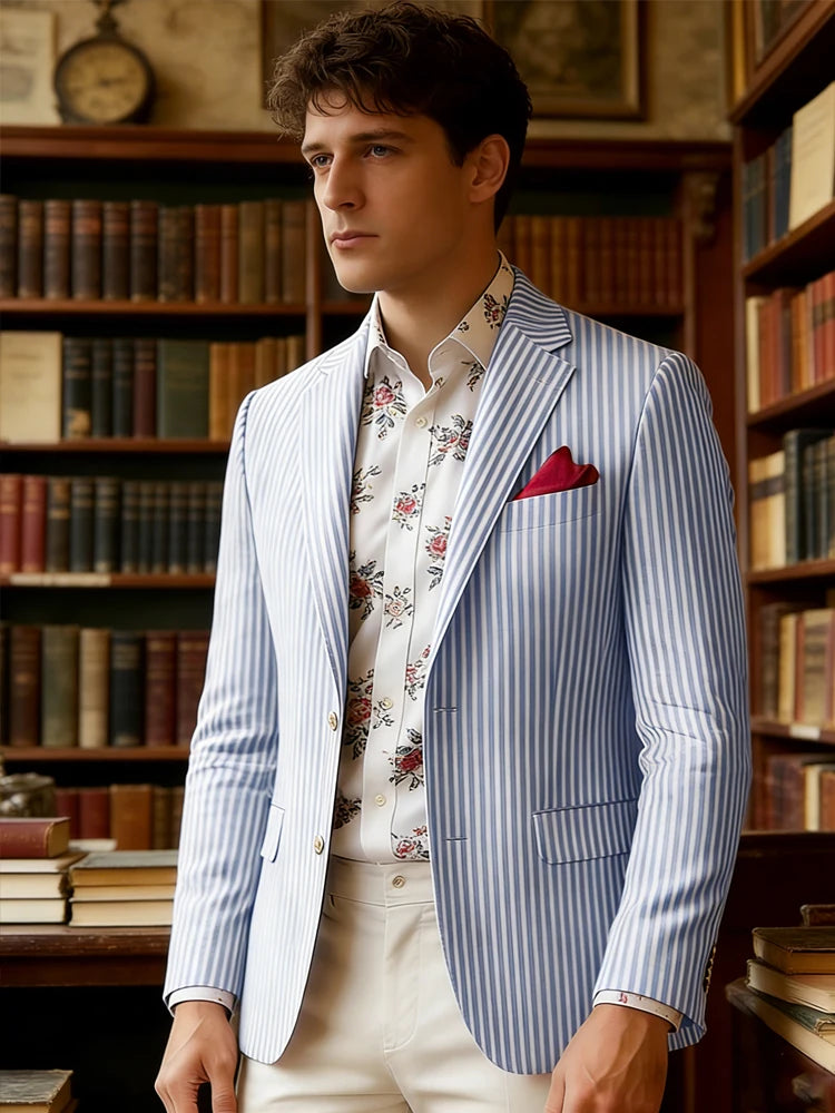 Men's Seersucker Striped Blazer Classic Slim Fit Notch Lapel Business Casual Suit Jacket For Beach Vacation Summer