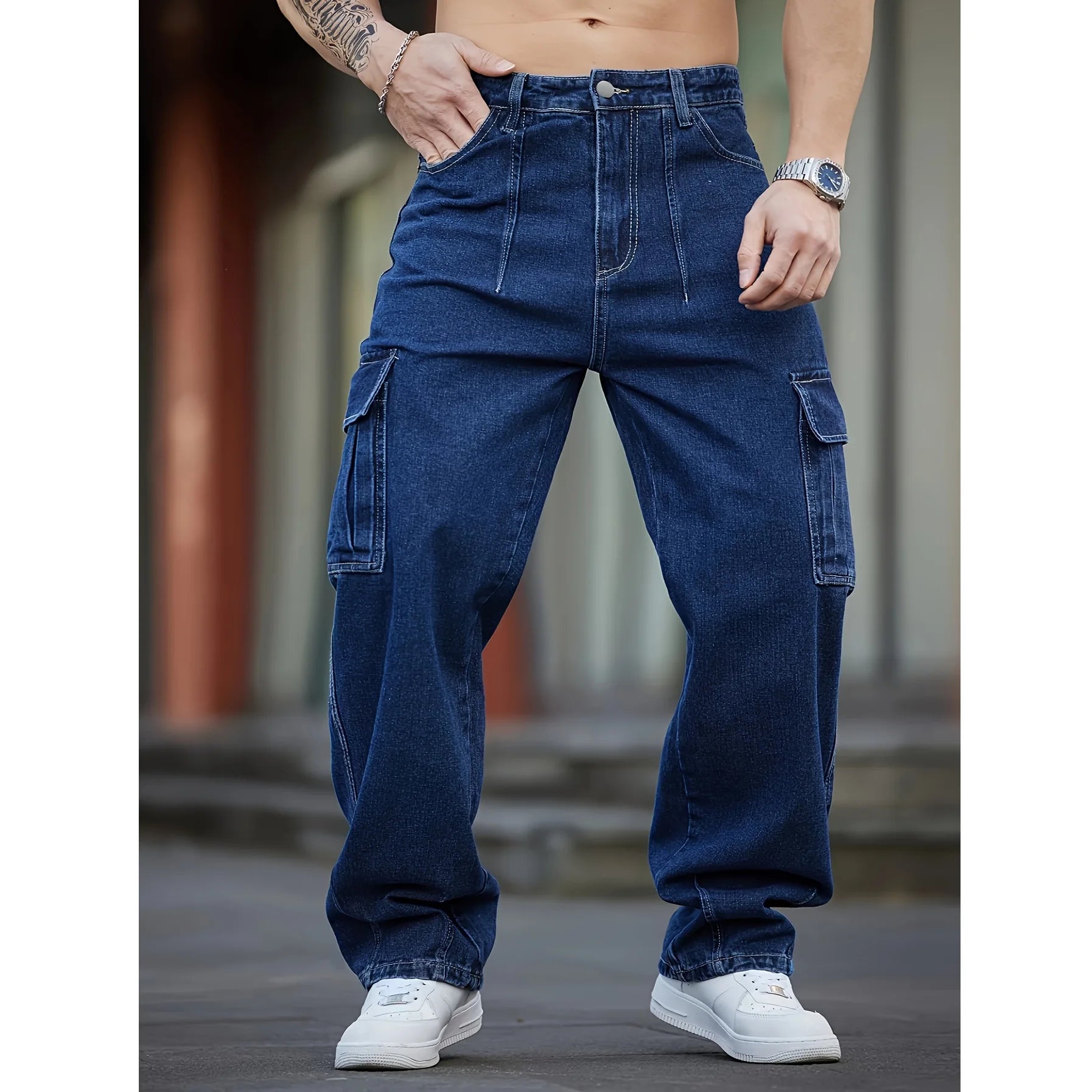 Men Multi Cargo Pocket Jeans Vintage Loose Wide Leg Straight Denim Pants Streetwear Hip Hop Workwear Trousers
