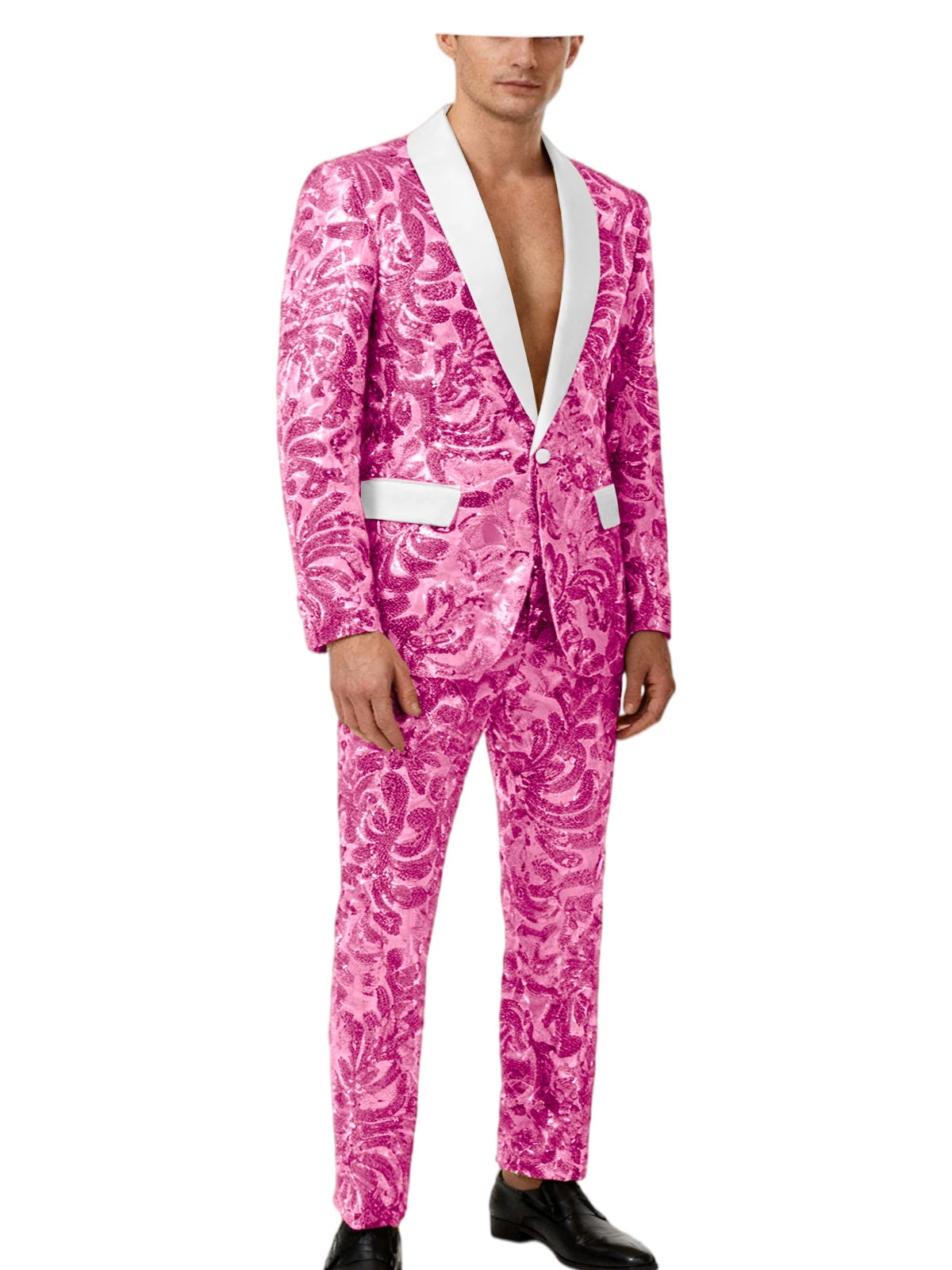 Men's Sequin Paisley Tuxedo Set Suit White Satin Shawl Lapel Slim Fit 2 Piece Blazer+Pants For Wedding Prom Party Suit Plus Size
