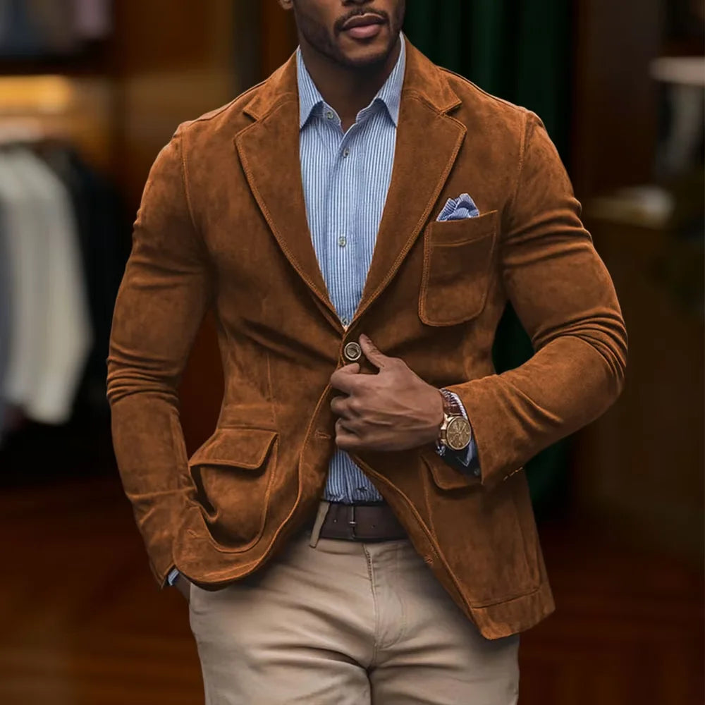 Men's Suede Brown Blazer Vintage Slim Fit Notched Lapel Formal Jacket High Quality Flap Pocket Sport Coat For Business Casual