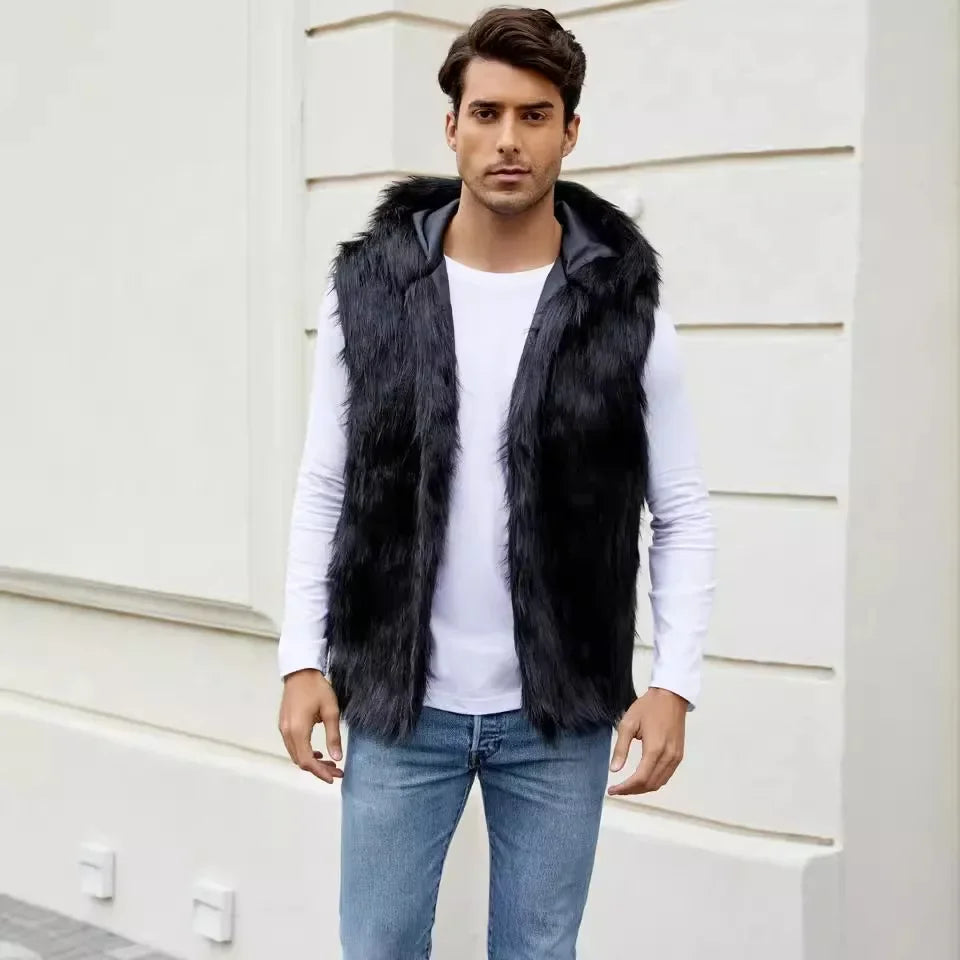 Hooded Faux Fur Coat Jacket Men Autumn Winter Men's Short Warm Vest Coats Thick Pockets 2025 Long Sleeve Mom Y2k Coat Jackets