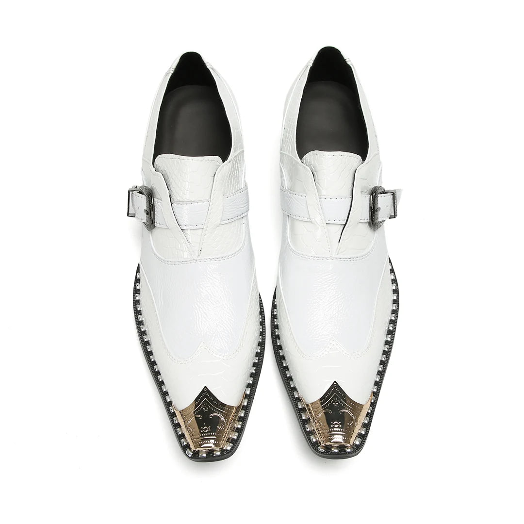 Men's New Loafer Shoes - Genuine Leather White Pointed Toe with Metal Buckle and Rivets - Business Casual White Sneakers