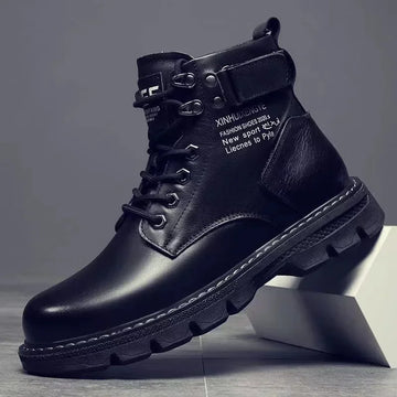 Winter Men's High Top Boots Trendy Black Motorcycle Boots Outdoor Warm Platform Boots Men Lace-up Leather Boots Bota Masculina