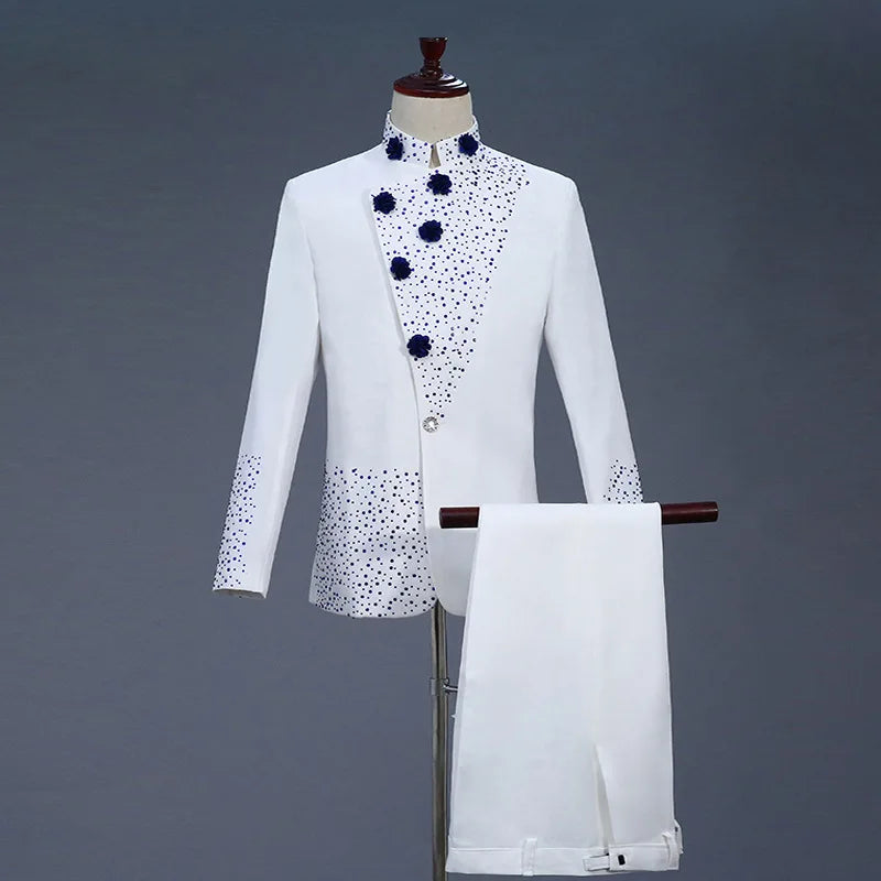 White Men's Stand Collar Chinese Style Slim Fit Two Piece Suit Set / Men Zhong Shan Blazer Jacket Coat Pants Trousers 2 Pcs
