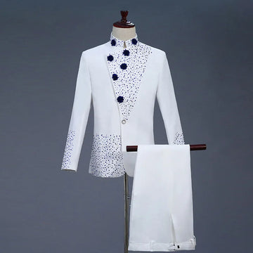 White Men's Stand Collar Chinese Style Slim Fit Two Piece Suit Set / Men Zhong Shan Blazer Jacket Coat Pants Trousers 2 Pcs