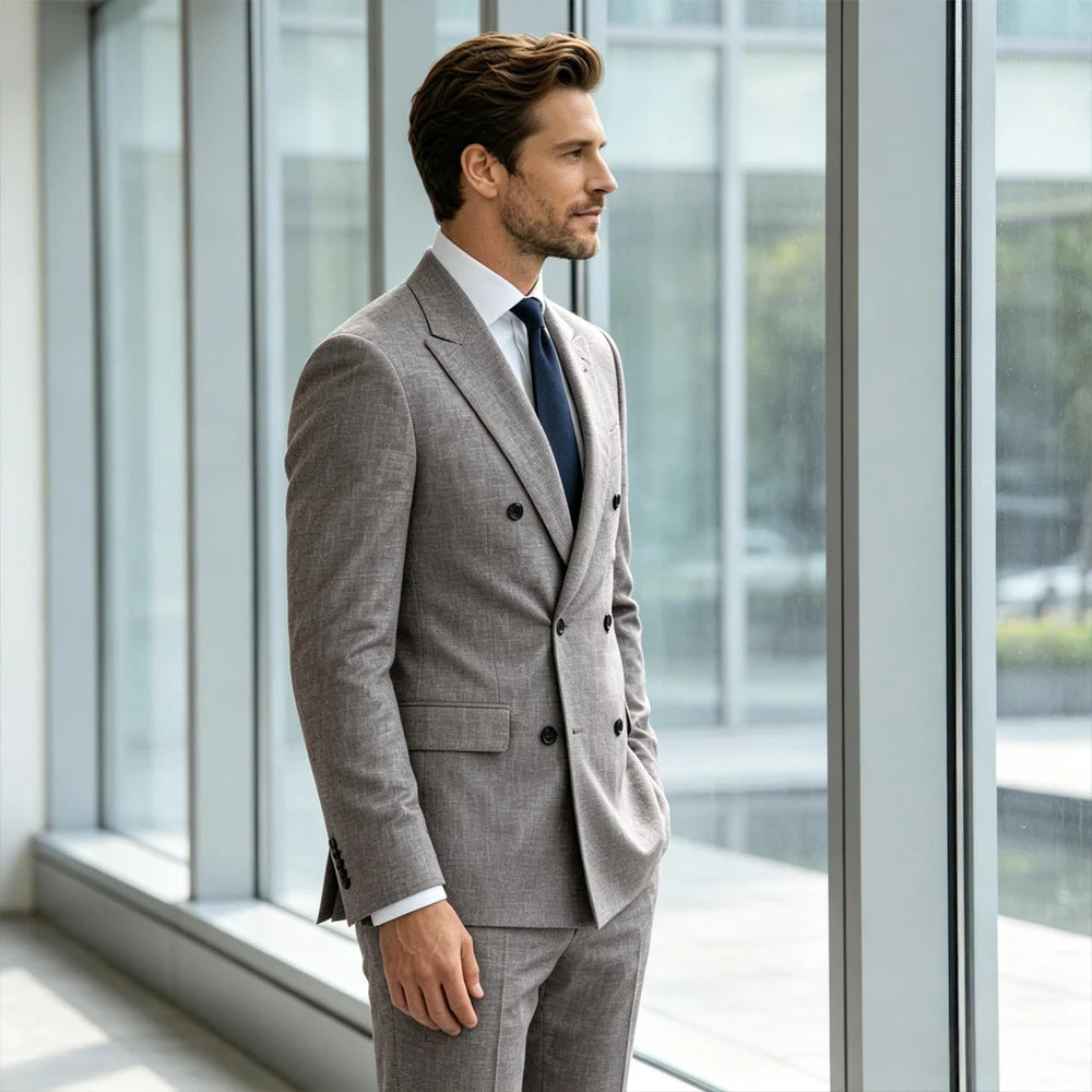Men's Linen Suit Set  Double Breasted Slim Fit Peak Lapel Formal Blazer Pants Breathable Business Wedding Groom Tuxedo