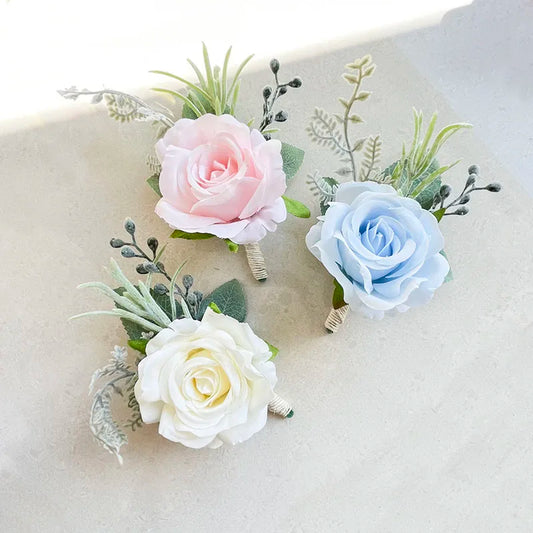 Boutonniere Wedding Accessories Buttonhole Flowers Groom Bride Boutonniere for Men Artificial Roses Silk Pink Wrist Corsage Blue