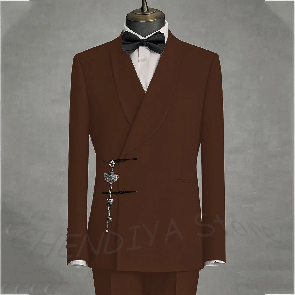 Solid Black Men's Suits Slim Fit Double Button Business Pants Suit Tailored Prom Party Wedding 2 Piece Jacket With Pants