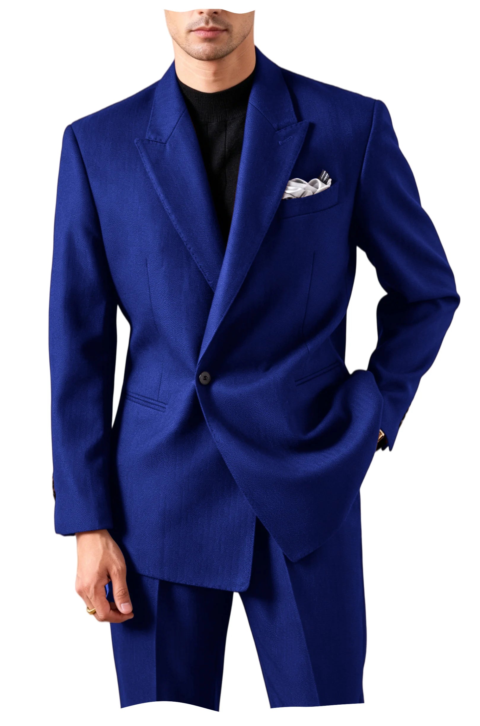 Men's Serge Suit Set Jacket Premium One Button Peak Lapel Slim Fit Tuxedo 2 Piece Blazer Pants Casual Business Wedding Formal