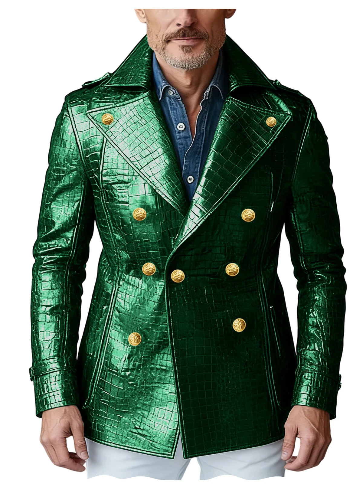 Men's Crocodile Embossed Leather Blazer Double Breasted Trench Coat Wide Lapel Gold Button Slim Fit Jacket For Four Season