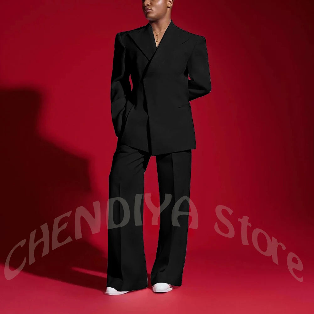 Elegant White Men Suit Peak Lapel Handsome Casual Male Clothing Two Pieces Jacket Pants Banquet Party Suits Set Straight