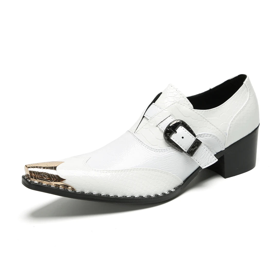 Men's New Loafer Shoes - Genuine Leather White Pointed Toe with Metal Buckle and Rivets - Business Casual White Sneakers