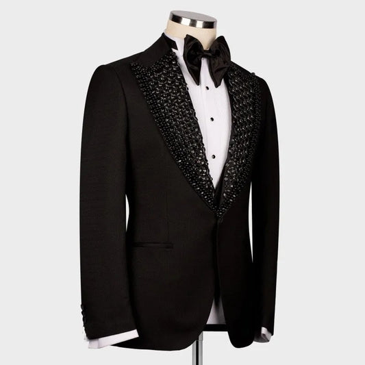 2PCS Luxury Wedding Tuxedo Black Formal Groom Men Suits Slim Fit Crystals Beaded Male Blazer Pants Tailored Made Prom Party Suit