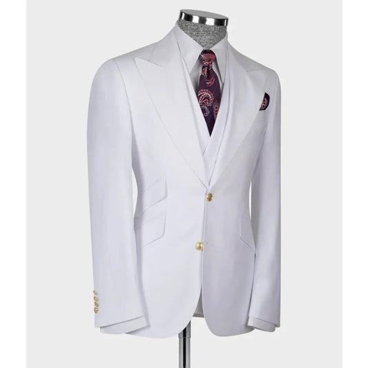 Elegant Peaked lapel White Full Men's Suits for Groom Prom Party 3pcs Blazer Vest Pants Formal Business Office Male Suit